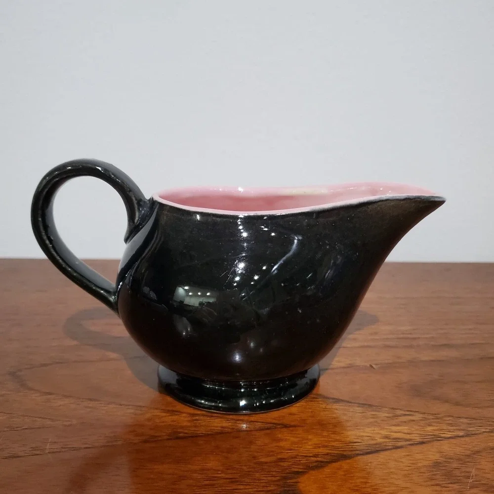 1950s MCCOY Creamer Pink Black Mid Century USA Ceramic‎ Footed Pitcher